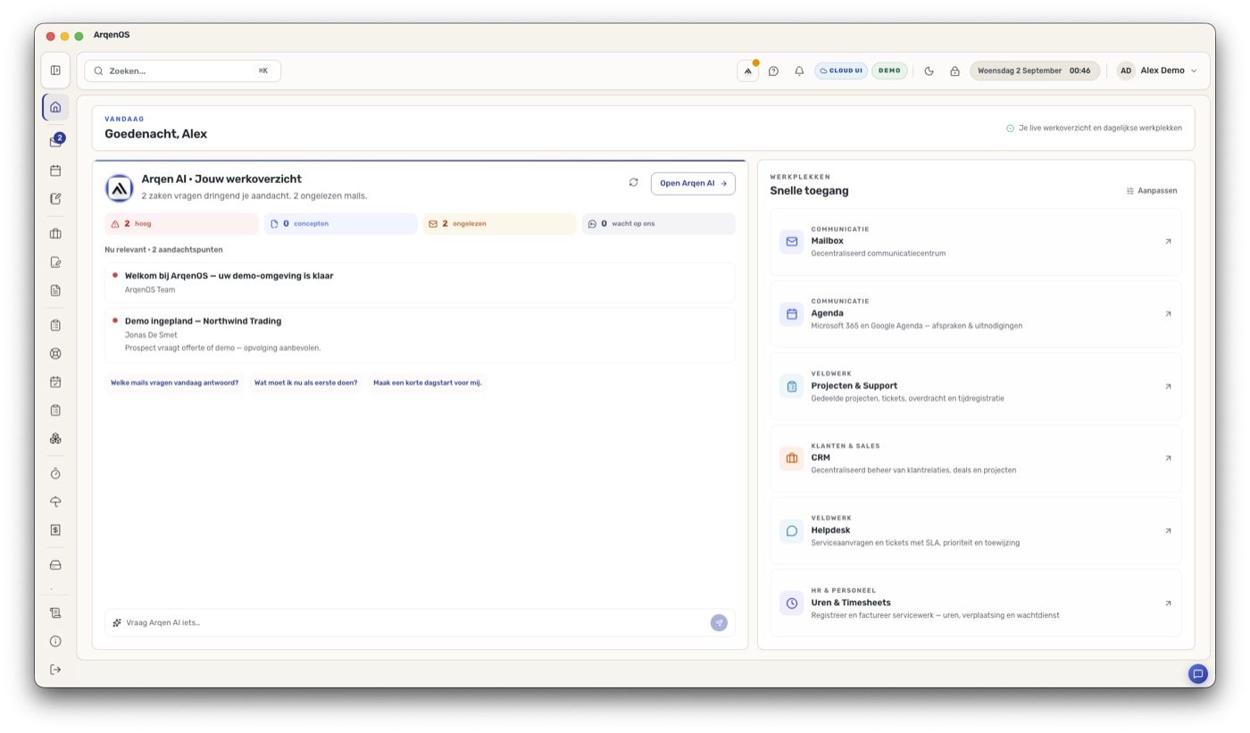 Werkoverzicht in ArqenOS met openstaande mails, taken en planning. Productscherm met fictieve demogegevens.